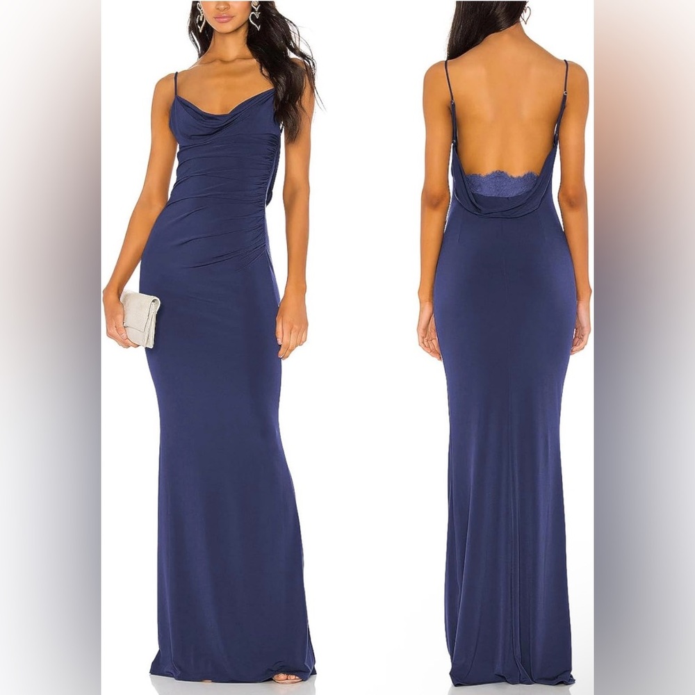 Aigeman Spaghetti Straps Mermaid Evening Guest Dress Drape Neck Lace Backless